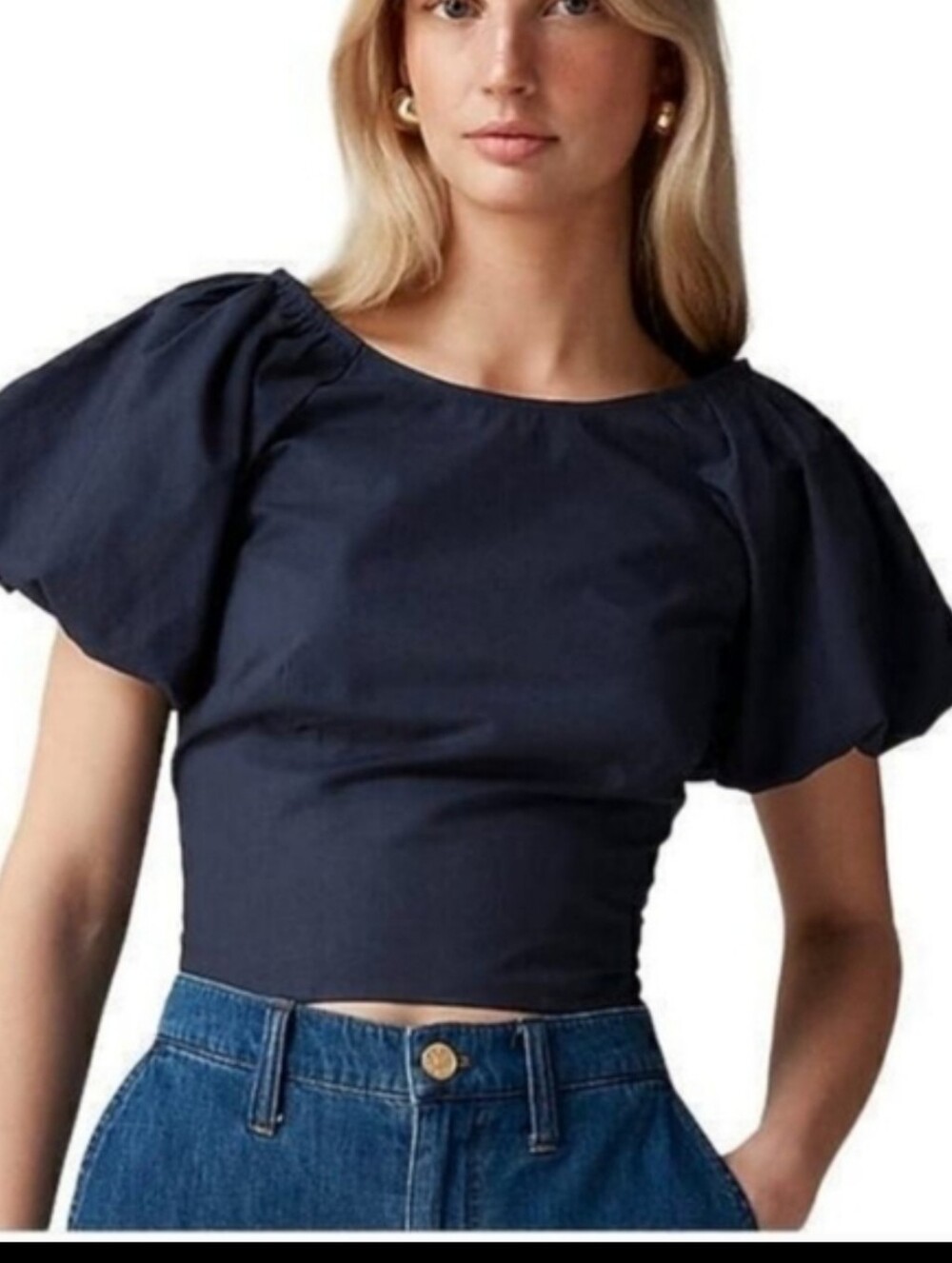 J. Crew Fitted Puff Sleeve Top CA593 Size 6 Navy